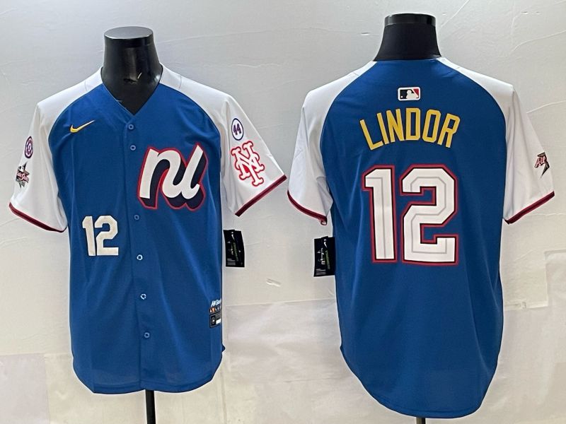 Men New York Mets 12 Lindor Blue white All star 2025 Nike MLB Jersey style 07